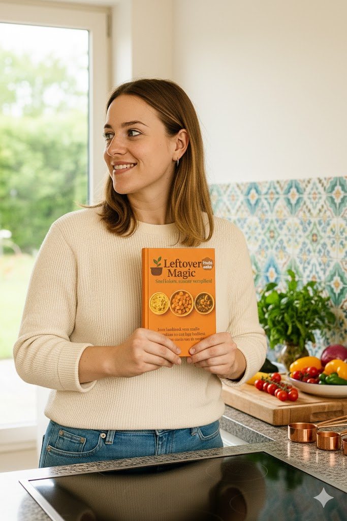 Vrouw met een kookboek van 'Leftover Magic' in de keuken, kijkt naar links terwijl ze bij de kookplaat staat