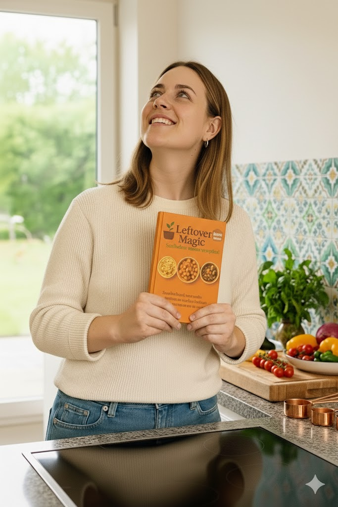 Vrouw met een kookboek van 'Leftover Magic' in de keuken, kijkt naar boven terwijl ze bij de kookplaat staat